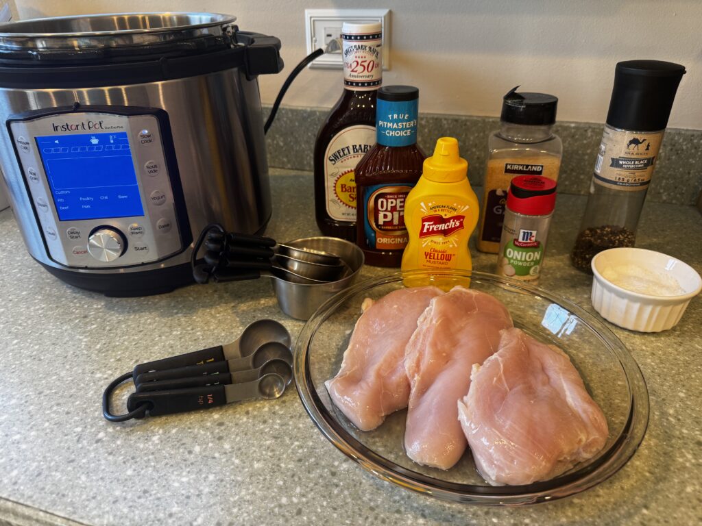 Ingredients for an Instant Pot BBQ pulled chicken sandwich