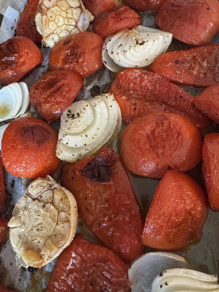 Roasted, fresh out of the oven, tomatoes, onions, garlic & red peppers